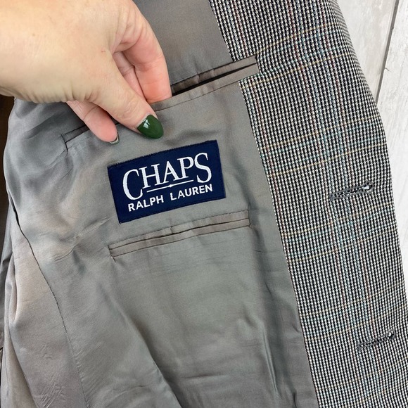 Chaps Ralph Lauren Gray Pin Check Silk Wool 2-Button Blazer Coat Size 40R - Picture 10 of 13